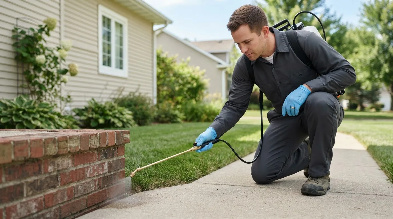 Pest control technician treating a home near Fredericksburg, IA