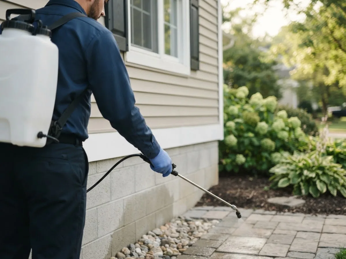 Pest control technician inspecting a home in Fredericksburg, IA